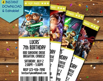 Lego Star Wars Invitation, Lego Star Wars Birthday Invitation, Lego Star Wars Party Invite, Lego Star Wars Movie Invitations, Yoda