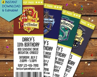 Harry Potter Hogwarts Invitation, Gryffindor Invitation, Ravenclaw Invitation, Hufflepuff Invitation, Slytherin Invitation, birthday, house