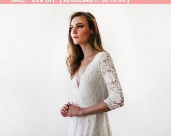 Ivory long sleeves lace wedding gown, Lace bridal gown, Ivory lace wedding empire dress 1124
