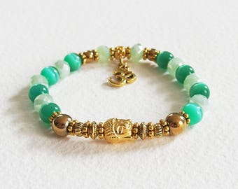 Bracelet Ethnique Yoga Zen - Bouddha et Symbole Om - Perles de verre, Hématites, Oeil de Chat, Métal Doré - Bijou créateur, pièce unique