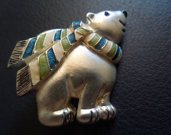 Vintage Christmas Brooch or Pin. Polar Bear in Silver Tone with Green, White and Blue Scarf. Excellent Condition.