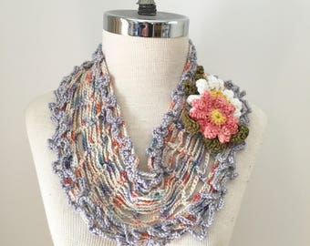 Floral Infinity T-Shirt scarf, Pastel Lace Infinity scarf, summer scarf, scarf, hand painted merino wool in Ivory white with pastels