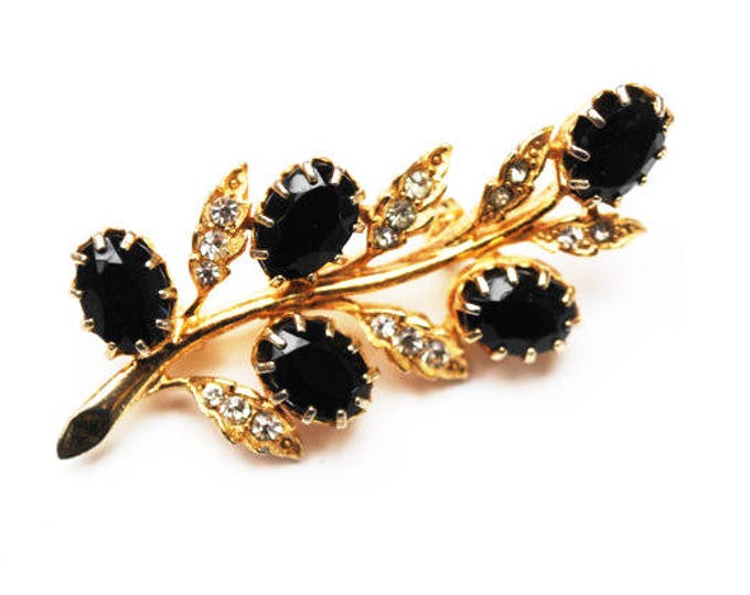 Rhinestone Flower Brooch - Black clear crystal - Gold plated metal - floral pin