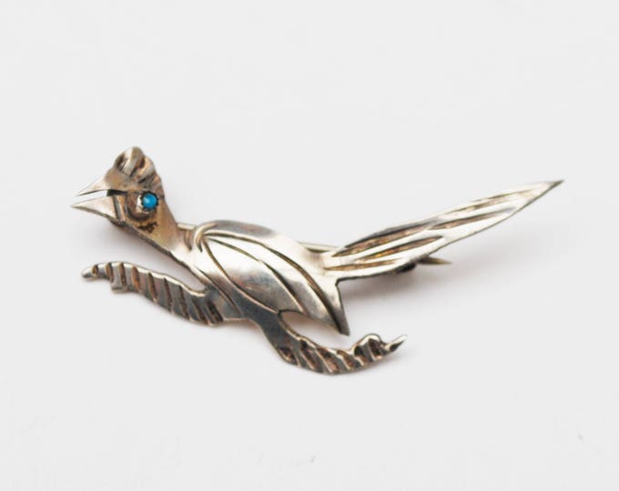 Road Runner Brooch -Silver Turquoise - Southwestern - Old Pawn - Native American Bird pin