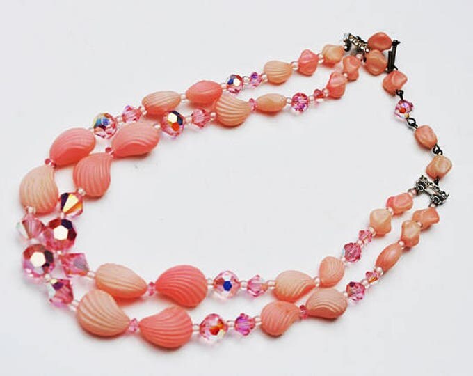 Double Strand Pink Bead Necklace - Crystal glass - Vintage plastic Shell -Rhinestone - Mid century