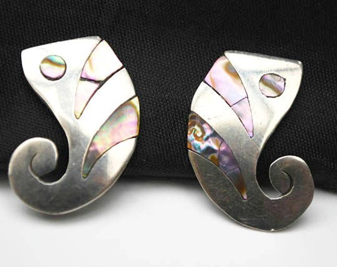 Sterling Abalone Earrings - Signed Sterling - AA Adan Alvarado - Assay number 2 - screw back earring