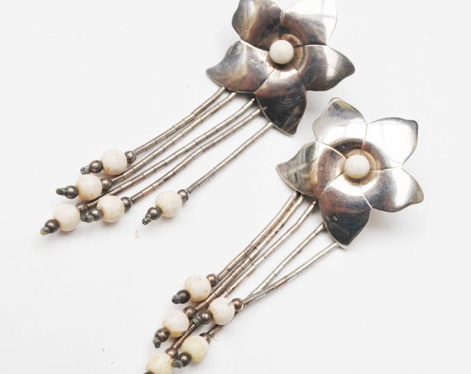 Sterling Star flower Dangle earrings - Signed Jezlaine - White beads - Pierced drop earrings