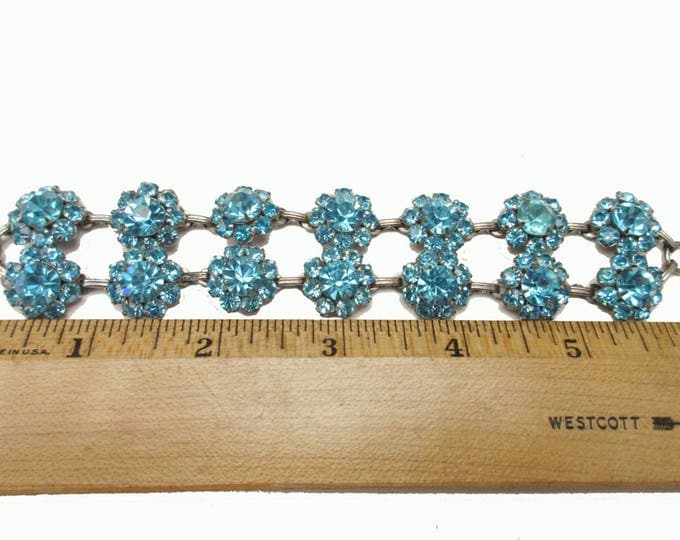 Blue rhinestone bracelet - double strand Link - Rhinestone flower - mid century - light baby blue bangle