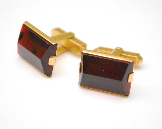 Red Lucite cuff link -gold metal - Mid century - Rectangle plastic - Mens cufflinks