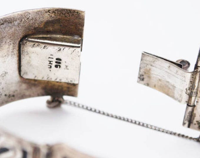 900 Silver Tribal Panel Bracelet - Wide Story link Bangle - Bird -south American - Black oxidation - Silver overlay