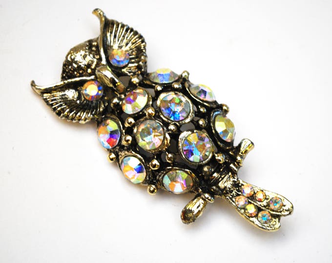 Owl Rhinestone brooch -Aurora Borealis - Crystal light Gold - figurine pin