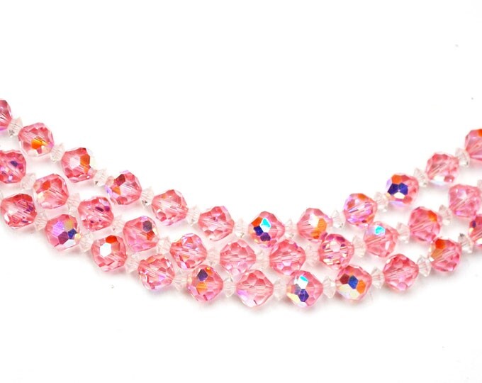 Pink Crystal Bead Bracelet - Multi strand - Clear Rhinestone Clasp - Vintage facet cut glass Beads