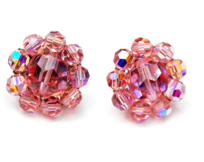 Coro Pink Crystal earrings - Bead Cluster - glass beads - Clip on earrings