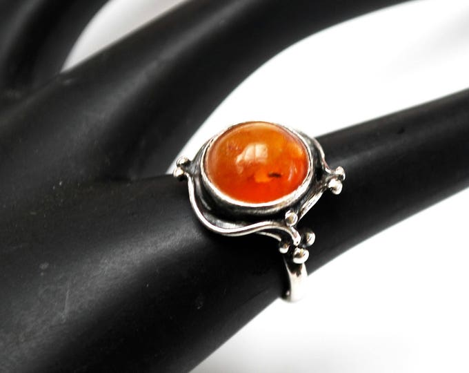 Sterling Amber Ring - Silver swirl - Yellow orange gemstone - size 6 vintage ring