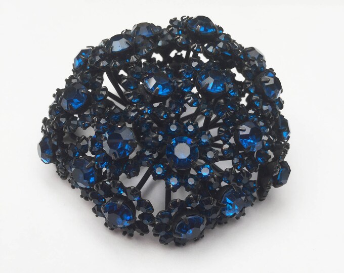 Blue Rhinestone Brooch -Signed Warner - High domed - colbalt blue - Black japanned - floral flower - vintage pin