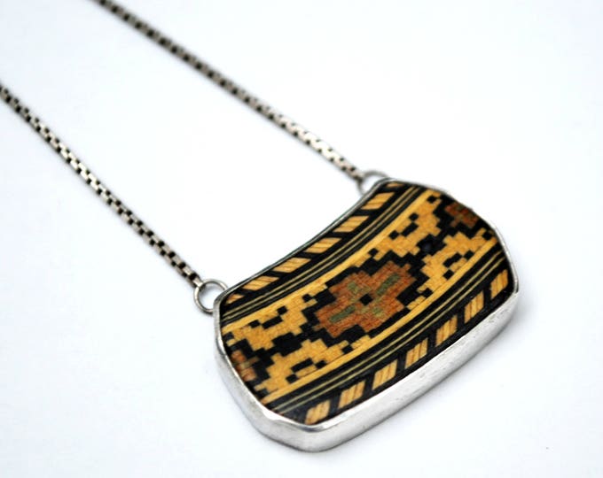 Mosaic inlay Pendant - sterling necklace - wood - brown black - tribal - south western - Italy box chain