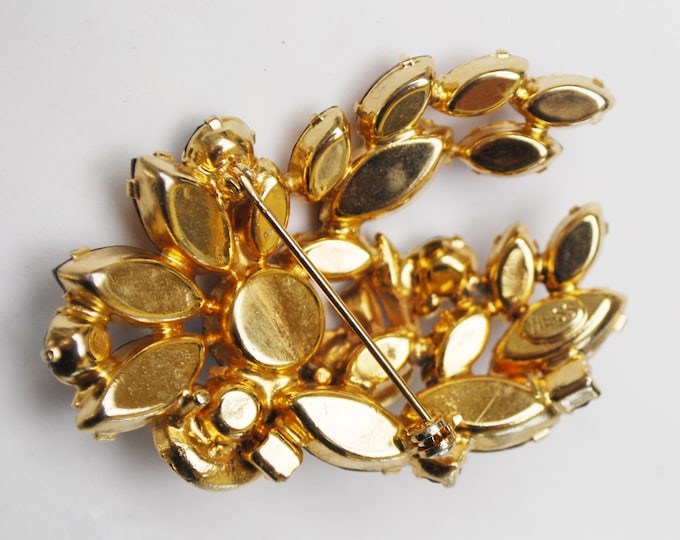 Weiss Rhinestone Brooch -Brown Orange Champagne - Clear Crystal - Gold metal Floral Leaf pin