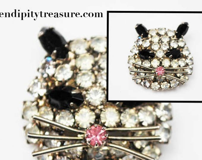 Rhinestone Cat face Brooch - Clear black and pink crystal - silver tone metal - Figurine pin