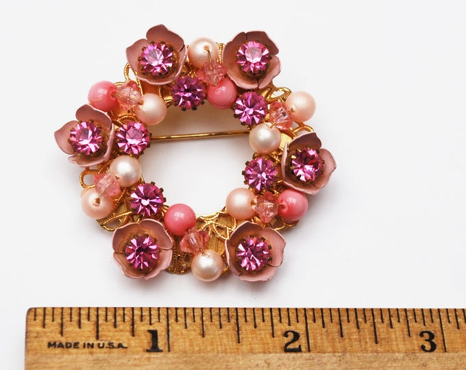 Pink Rhinestone Wreath Brooch - white pearl -enamel - Floral -gold wire wrap pin