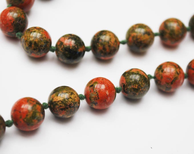 Polished Jasper bead Necklace - Red Green Gemstone - Natural stone - Gemstone Beads- green silk knots