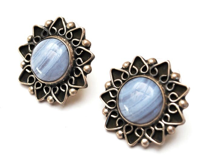 Sterling flower Earrings - Blue Glass - Silver floral - pierced earrings - Signed Mexico