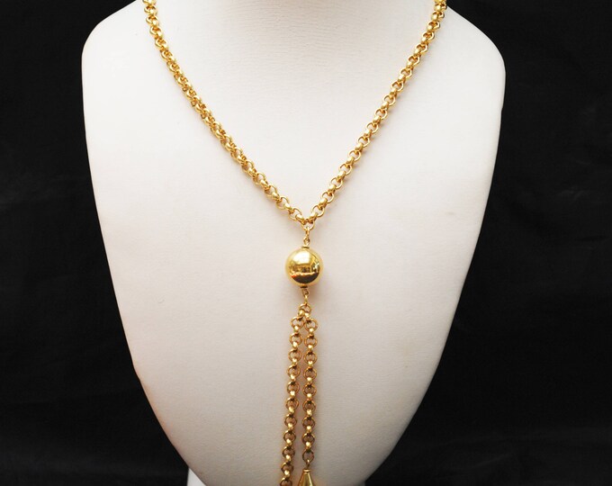 Gold Tear Drop Tassel Necklace - Gold chain - Mid Century - 30 inch long necklace