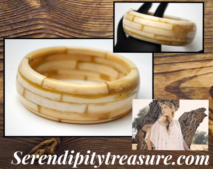 Chunky Bangle - White black - Carved Mosaic cream Bone - Boho Bracelet