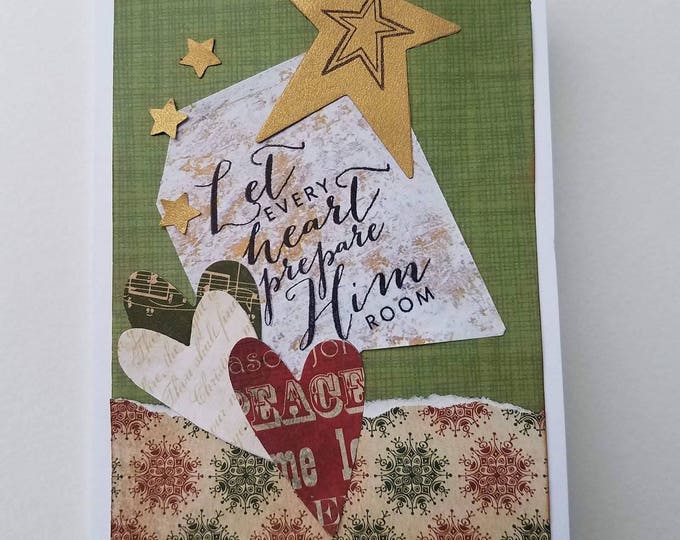 Let Every Heart, Christmas Cards, Red beige Rustic Folk Handmade Christian Christmas Cards Prepare HIm Room Handmade Christmas Card #2-23