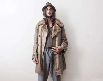 Aviator Leather Coat 1960s Aged Warm Winter Coat Jacket OverCoat Shearling Fleeced Lining Manteau en Cuir Chaud Hiver