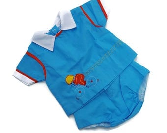 Vintage Baby Boy Diaper Shirt Pants Outfit Blue Bicycle 80s Mayfair 9 Month Infant