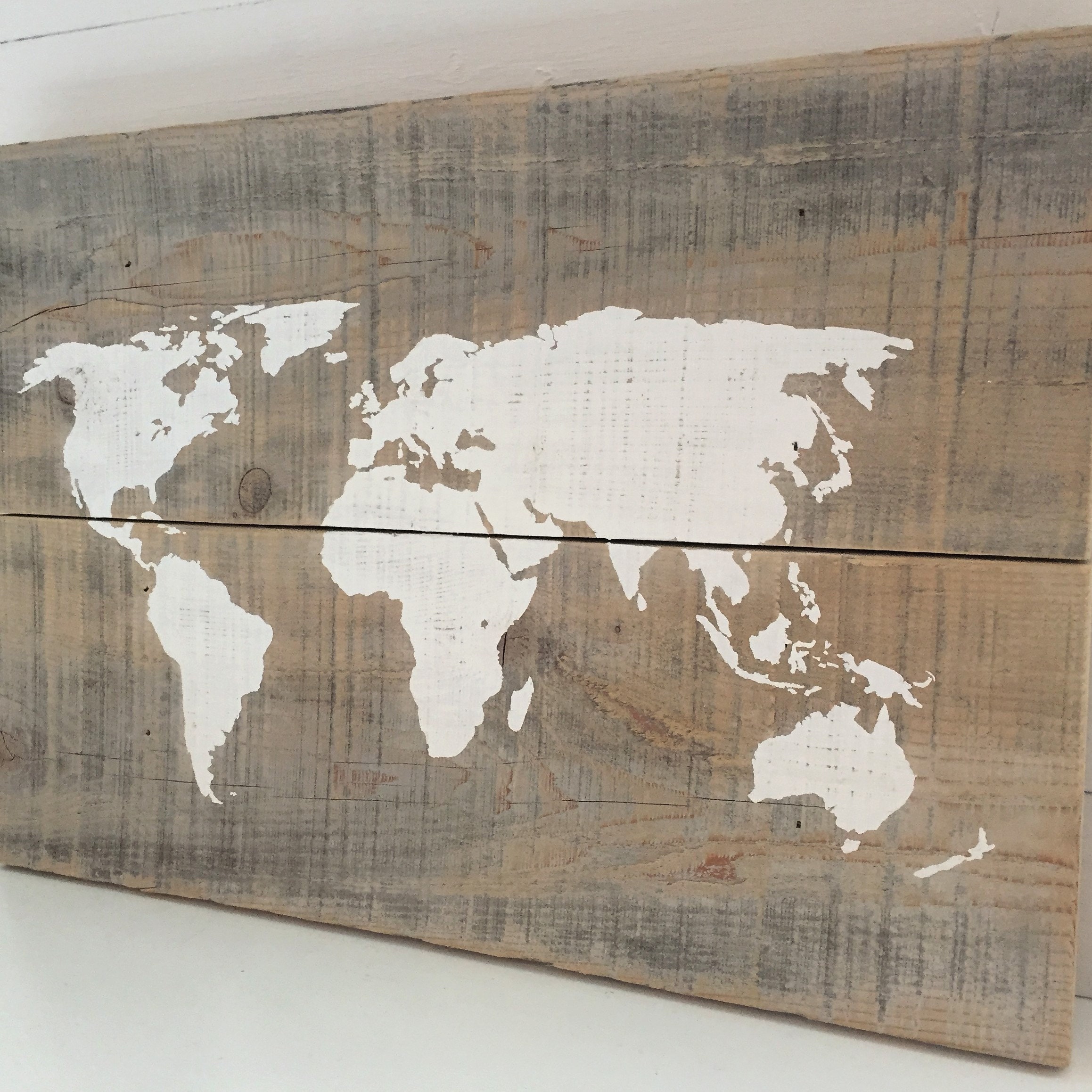 Wood Plank World Map Stained & Painted White