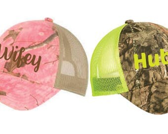 Wifey and Hubs Trucker Snapback Pink Camo and Neon Camouflage Mossy Oak Hats Wedding Couple Set Anniversary Gift
