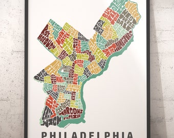 Philadelphia map art, Philadelphia art print, Philadelphia typography map, map of Philadelphia , Philadelphia neighborhood map with title