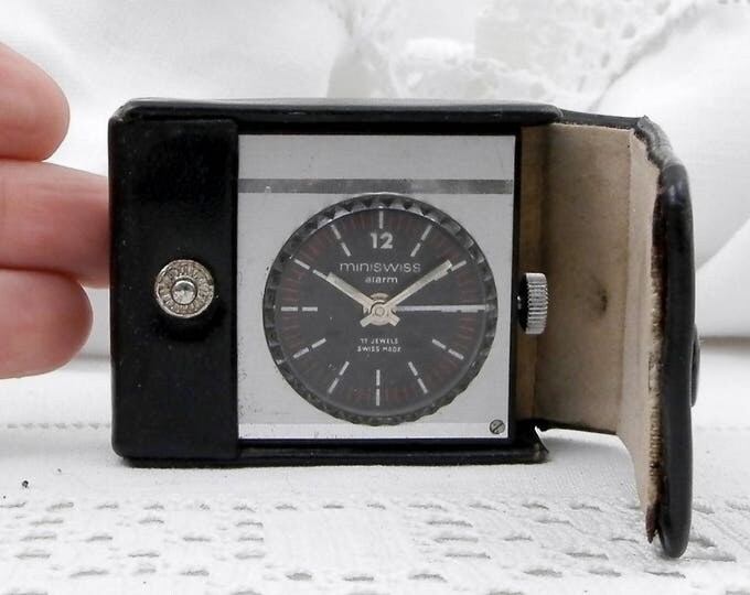 Small Working Vintage Mid Century 1960s Swiss 17 Jewel Mechanical Travel Alarm Clock Miniswiss with Black Case, Wind-up Clock Switzerland Small Working Vintage Mid Century 1960s Swiss 17 Jewel Mechanical Travel Alarm Clock Miniswiss with Black Case, Wind-up Clock Switzerland
