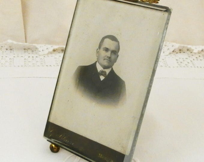 Antique French Beveled Glass Picture Frame Embossed Metal Ribbon Surround with Original Photograph, Napoleon 3 Thick Glass Portrait Frame Antique French Beveled Glass Picture Frame Embossed Metal Ribbon Surround with Original Photograph, Napoleon 3 Thick Glass Portrait Frame