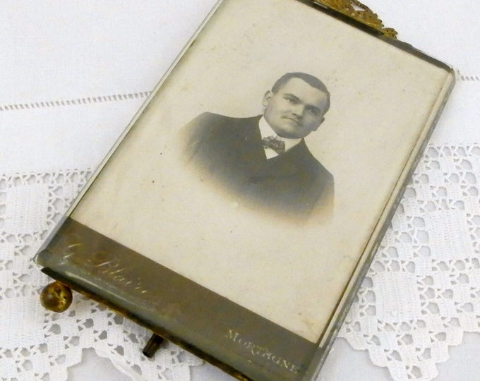 Antique French Beveled Glass Picture Frame Embossed Metal Ribbon Surround with Original Photograph, Napoleon 3 Thick Glass Portrait Frame Antique French Beveled Glass Picture Frame Embossed Metal Ribbon Surround with Original Photograph, Napoleon 3 Thick Glass Portrait Frame