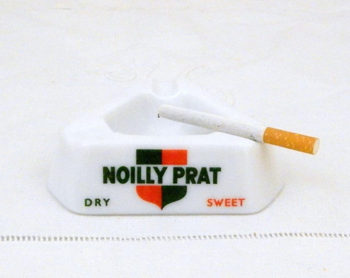 Vintage Mid Century French White Milk Glass Nouilly Prat Promotional Advertising Ashtray, 60s, 70s Retro Collectible Tobacciana from France Vintage Mid Century French White Milk Glass Nouilly Prat Promotional Advertising Ashtray, 60s, 70s Retro Collectible Tobacciana from France