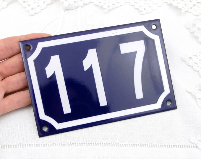 Blue and White Enamel Metal Number Plaque 117, Vintage French House Street Enameled Sign