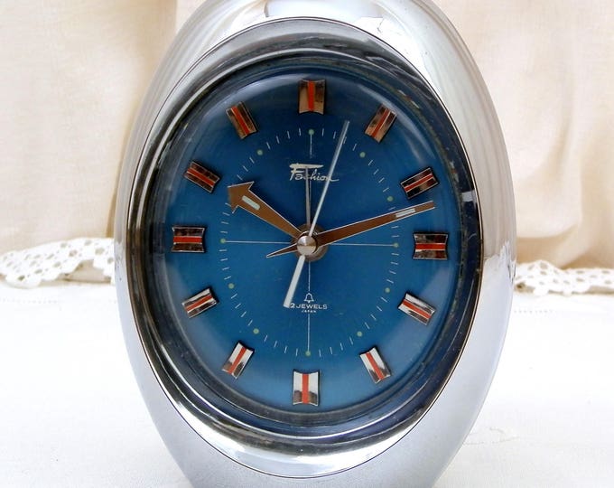 Vintage Working Mid Century 1960s Silver Egg Shaped Mechanical 2 Jewels Wind Up Alarm Clock by Fashion, Japanese Oval Clock with Blue Face