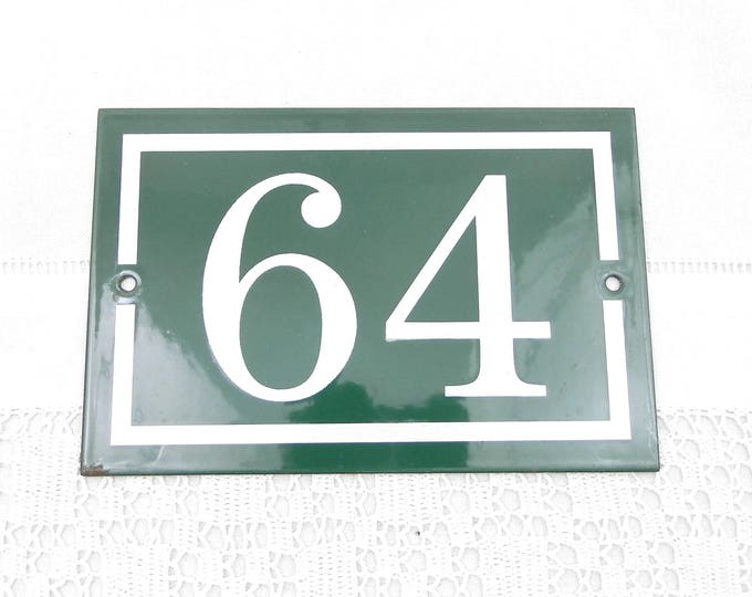 Large Unused Vintage French Enamel House Number 64 in Green and White, New Old Stock Enamelware Street Sign, Old Address Plaque