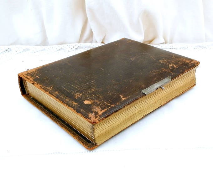 Antique French Leather Bound Photo Portrait Album with Metal Lock and Gold Gilt Edges, Family Photograph Book, Brocante Home Decor