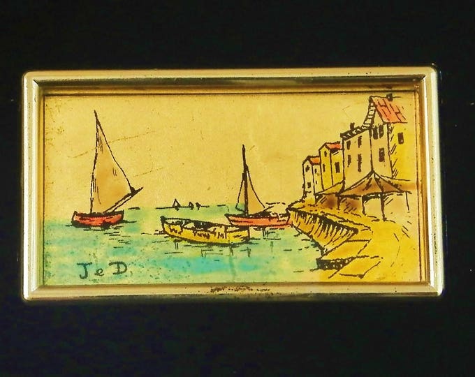 Small Vintage Framed Picture of Mediterranean Sea Scape with Fishing Boats Hand Painted on Gold Leaf Signed by the Artist, French Painting