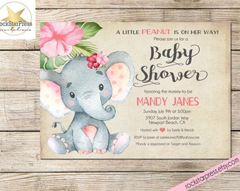 Elephant Baby Shower Invitation, Girl Shower Invitation, Digital File, PRINTABLE _1302
