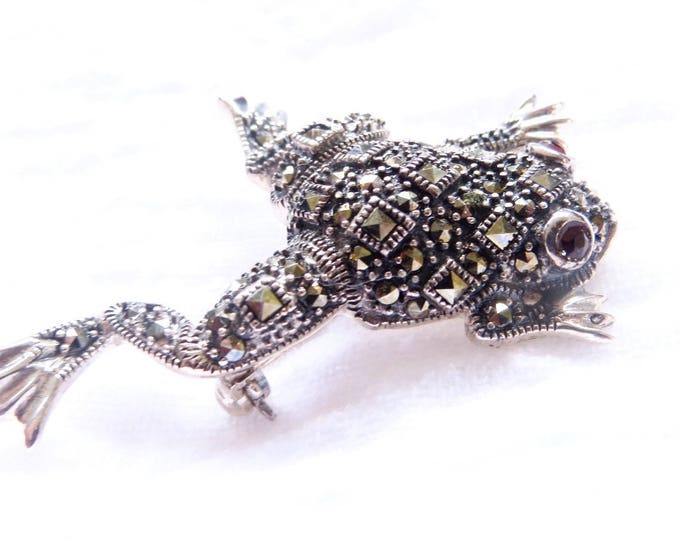 Sterling Marcasite Frog Brooch, Figural Frog Pin, Vintage Marcasite Jewelry