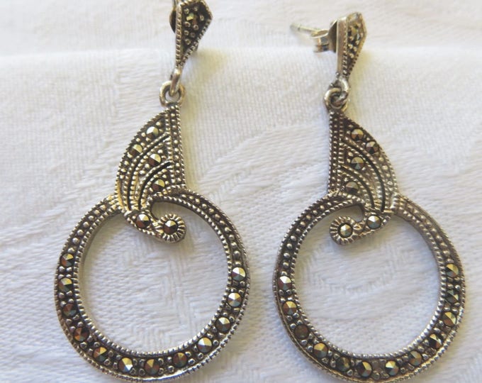 Art Deco Marcasite Earrings, Sterling Silver Pierced Earrings, Vintage Art Deco Jewelry