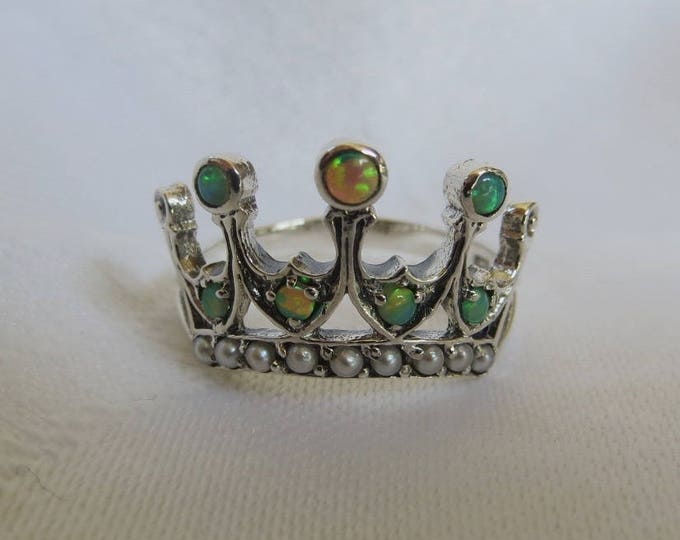 Sterling Filigree Crown Ring, Green Australian Opal, Seed Pearls, Size 6 Ring, Vintage Crown Ring