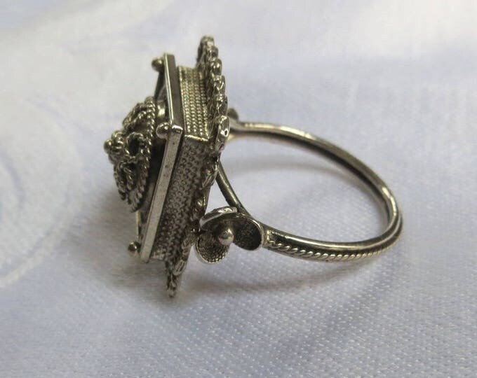 Vintage Poison Ring, 800 Silver Filigree Ring, Size 9.5, Bali Style Boho Ring