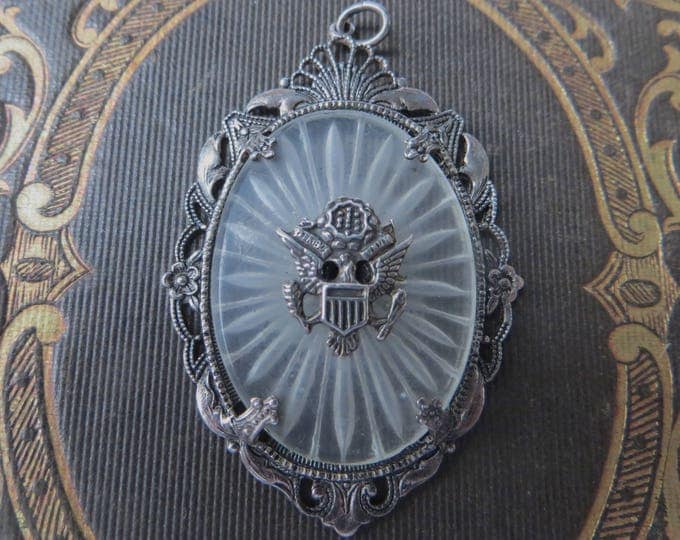Antique Camphor Glass Pendant, US Army Insignia, Military Pendant,Sterling Silver Frame, Army Wife, Army Mom US Army Jewelry