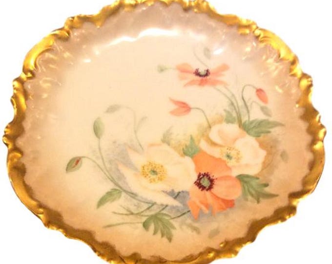 Limoges Plate, Coiffe Factory France, Heavy Gold with Poppies. Cabinet Plate, Hand Painted Poppy Flower Plate
