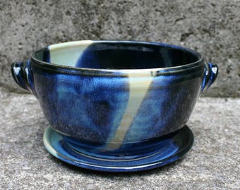 Berry Bowl (colander) with Plate to Catch Water in Black, Blue and Yellow/Green